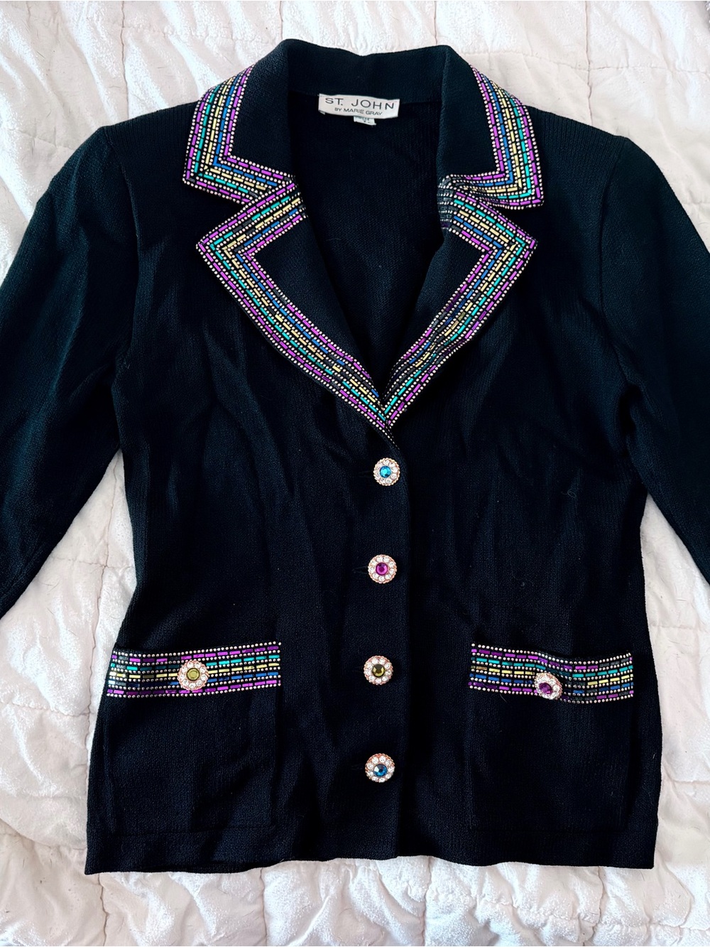 St. John by Marie Gray Black Paillette Trim Knit Jacket Jeweled Buttons Size 4